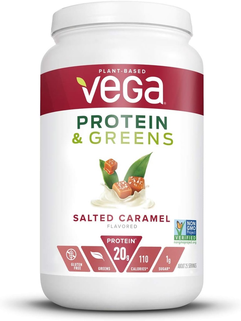 Vega Proteine și Verzi, Caramel sărat, Pudră de proteine Vegan, 20g Proteină pe bază de plante, Carb scăzut, Keto, Dairy Free, Gluten Free, Non OMG, Proteină de mazăre pentru femei și bărbați, 1.7 Lire (25 Servings)