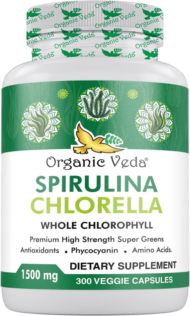 Organic Veda Spirulina & Chlorella Capsules, 1500mg, 300 Count - Spirulina Chlorella Capsule cu super Green Antioxidanti, Phycocianin, Amino Acid - Boost Imunity, Energy, Support Digestion