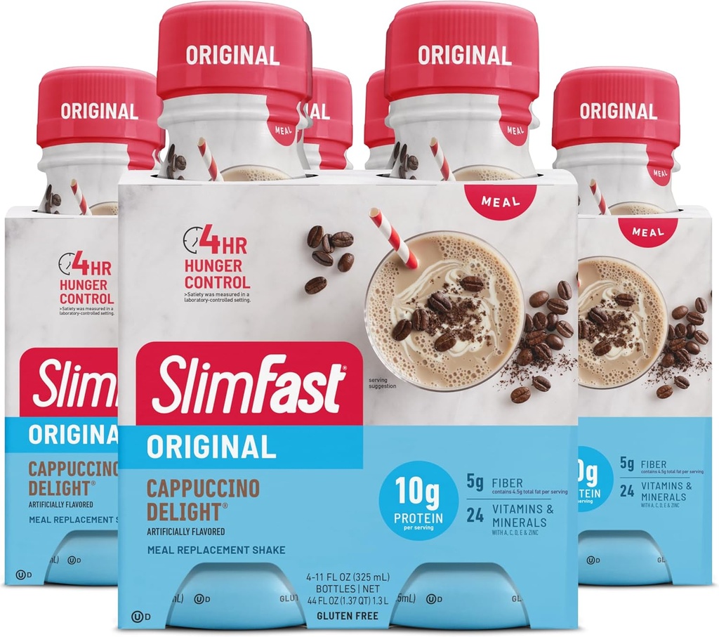 SlimFast Masă de înlocuire Shake, Original Cappuccino Delight, 10g de gata să bea proteine pentru pierderea in greutate, 11 Fl. Oz Sticla, 4 Count (Pachet de 3) (Pachet de mai Vary)