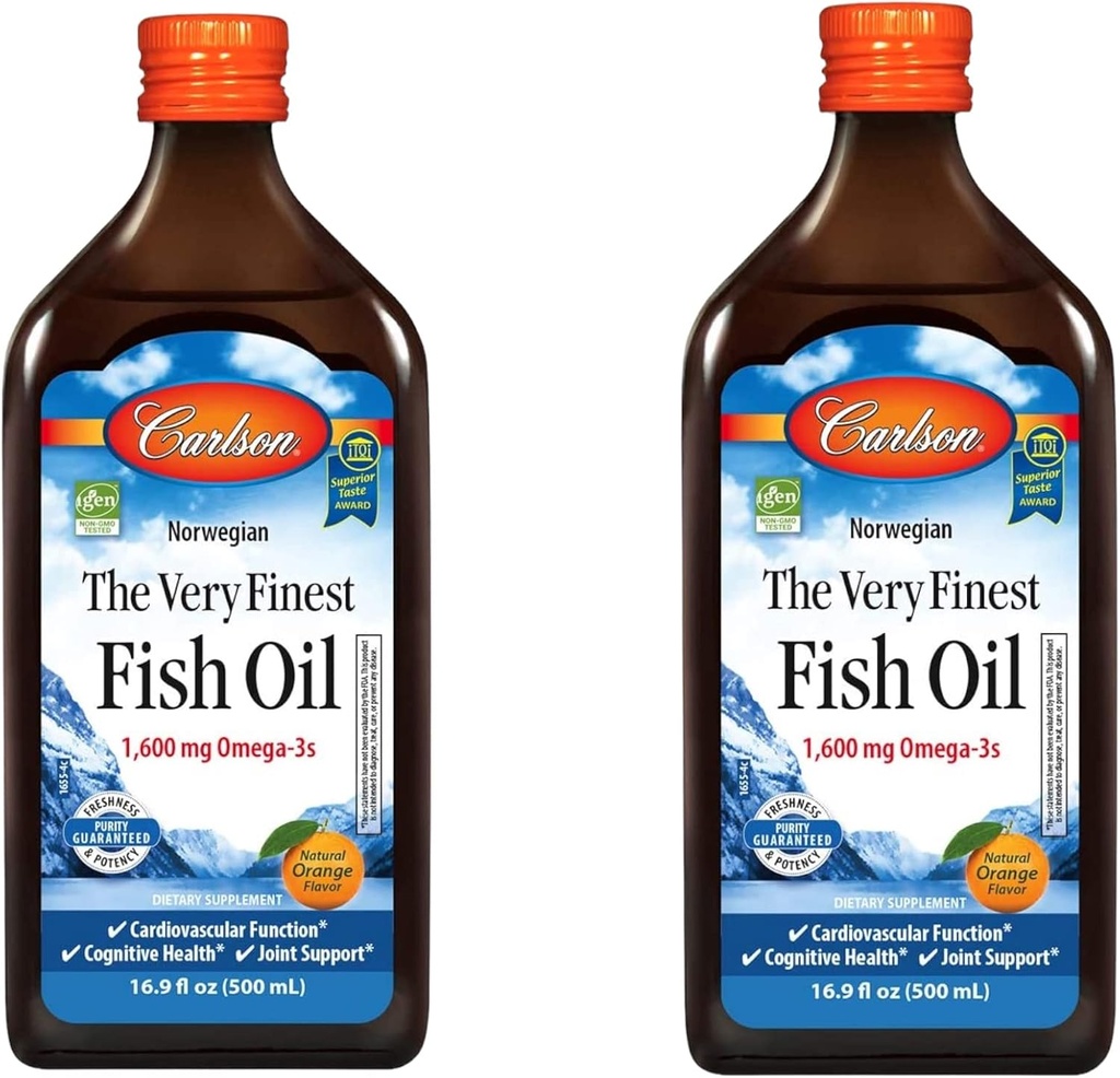 Carlson - Cel mai fin ulei de pește, 1600 mg Omega-3s, supliment de ulei de pește lichid, ulei de pește norvegian, ulei de pește sălbatic, lichid ulei de pește, Orange, 16.91 Fl Oz (Pachet de 2)