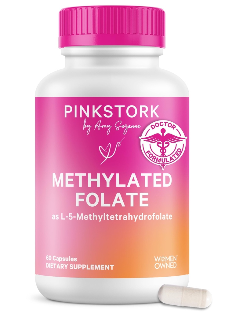Pink Stork Folate: Folat de metil - MTHFR acid, forma naturala de acid folic pentru sarcina, Formulat pentru mama + Baby, Femei-Owned, 60 capsule (Packing May Vary)