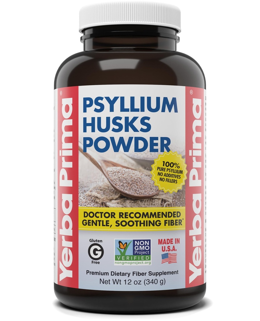 Yerba Prima Psyllium Husks Powder 12 oz - Supliment natural de fibre - Colon Cleanser - Gut Health - Vegan, Non-GMO, Gluten-Free (Nou etichetă - Ambalaje mai Vary)