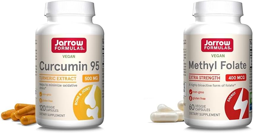 Jarrow Formulas Curcumin 95 500mg și metil Folate 400mcg Antioxidant și Cardiovascular de asistență pentru sănătate Supliment alimentar Bundle, 120 și 60 Veggie Capsule