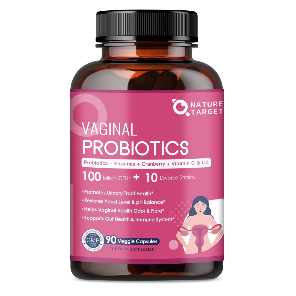 NATURĂ ŢINTĂ Probiotice femei vaginale, 100 miliarde CFU Probiotice & Prebiotice cu enzime digestive, Cranberry & D-Mannose - Sprijină pH-ul echilibru, Odor & tractul urinar Sănătate - 90 capsule