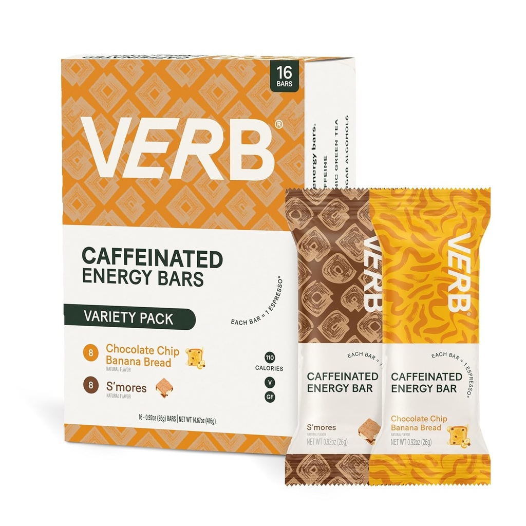 Verb Cafeinated Energy Bars Variety Pack - 2 arome delicioase (26g, Pachet de 16) 110-Calorie Delicious Sugar Energy Bar, Vegan & Gluten Free On-the Go Snack cu 80mg Green Tea Cafeina