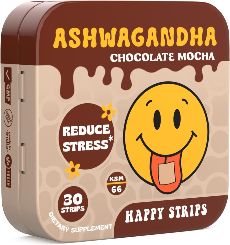 Happy Strips Organic Ashwagandha KSM 66 & GABA pentru Stres Relief, Calmness, Somn - Rapid-Action & Rapid-Dizolvare, Ciocolata Mocha Aroma, Organic, Vegan, Zahăr-Free - 30 Conte