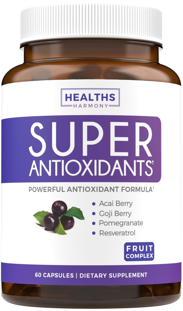 Super Antioxidanti Supliment pentru femei si barbati - Mare potenta Herbal & Fruit Blend cu Acai, Goji, rodie, Elderberry & Resveratrol pentru Ingrijirea pielii si suport imun - Vegan & Non-GMO - 60 capsule