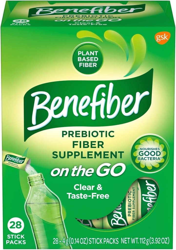 Benefiber Fiber Supplement on the Go Stick Packs for Convenent use 28 Stick Packs per cutie (1 Numai cutie)