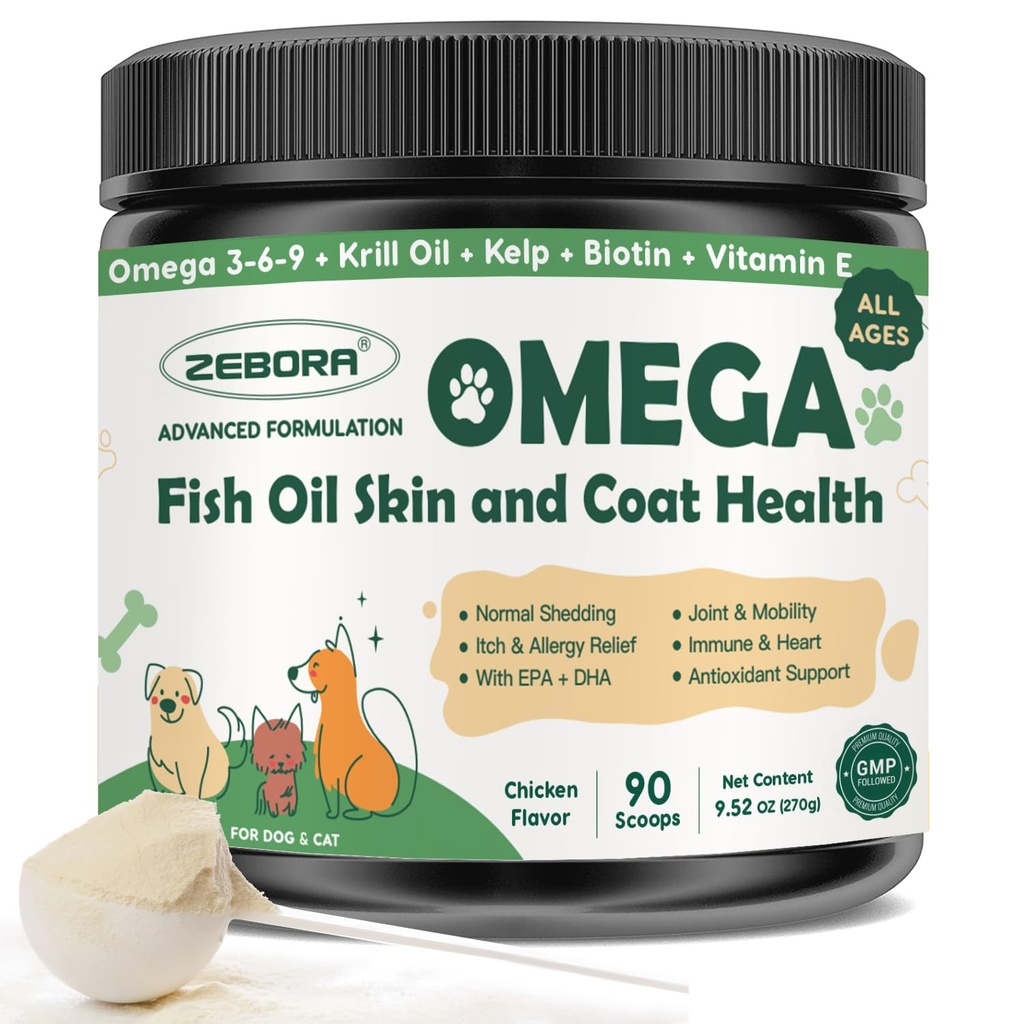 ZEBORA Omega 3 ulei de pește pentru câini, ulei de pește sălbatic prins câine, EPA & DHA, ulei de krill, Kelp, supliment de piele și haină, anti mâncărime și vărsare, suport piele uscată, sănătate comună, alergii câine ajutor