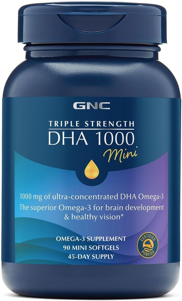GNC Triple Putere DHA 1000 Mini Omega 3 Supliment, 1000mg, Ultra Concentrat, Putere mare, Sprijină Dezvoltarea creierului și viziune sănătoasă, Burpless, 90 Mini Softgels, 45 SVG, 45 de zile de aprovizionare