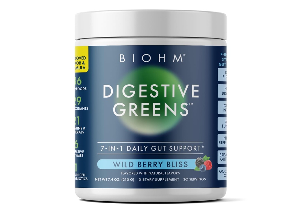 BIOHM Greens digestive, Green Superfood Powder (7,4 Oz, 30 Servings) Immun & Gut Health Support with Antioxidanti, Vitamine, Probiotice & Enzime, Good Source of Fiber, Berry Flavor