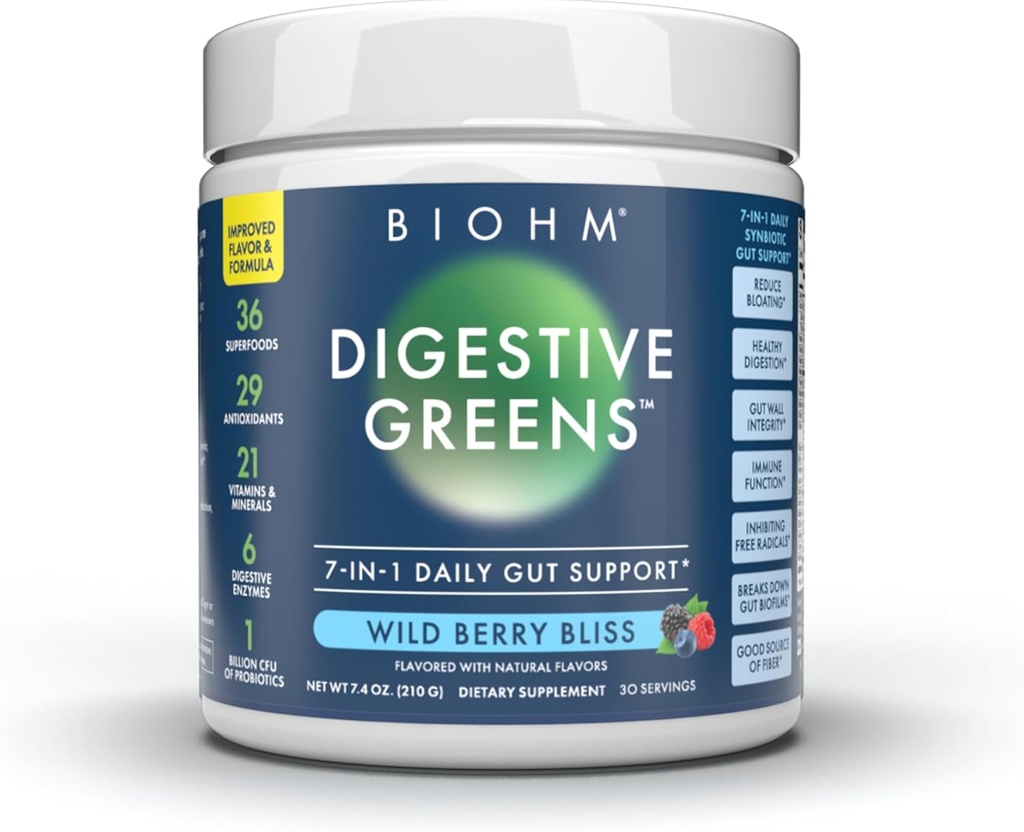 BIOHM Greens digestive, Green Superfood Powder (7,4 Oz, 30 Servings) Immun & Gut Health Support with Antioxidanti, Vitamine, Probiotice & Enzime, Good Source of Fiber, Berry Flavor