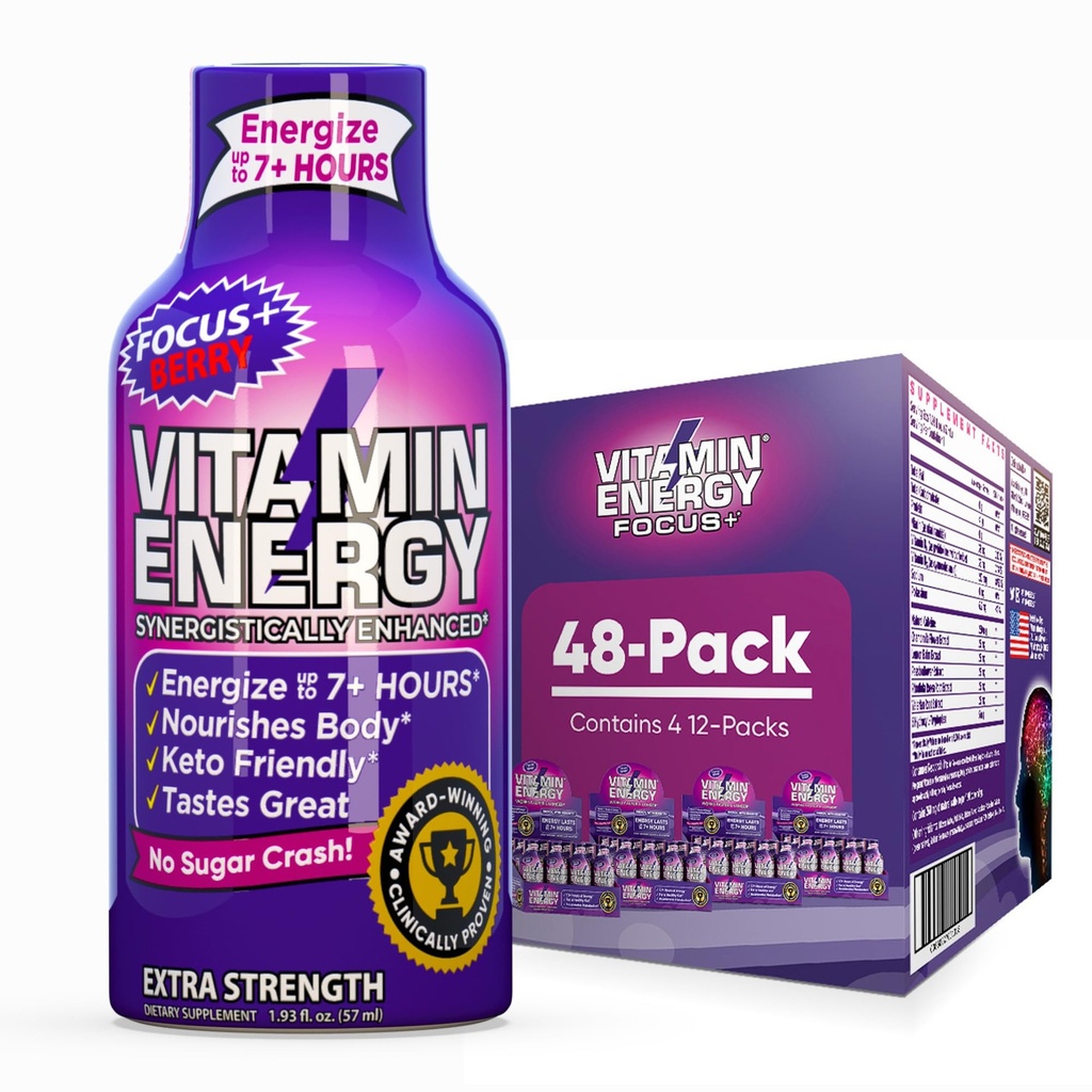 Vitamina Energie Focus+ Extra Putere Energie Shot Berry 48 Pack, 260mg Natural Cafeina, B-Vitamina, CoQ10, Amino Acidi, Focus, Productivitate & Clarity, Zero Zahăr, Gluten-Free, 1.93 fl oz