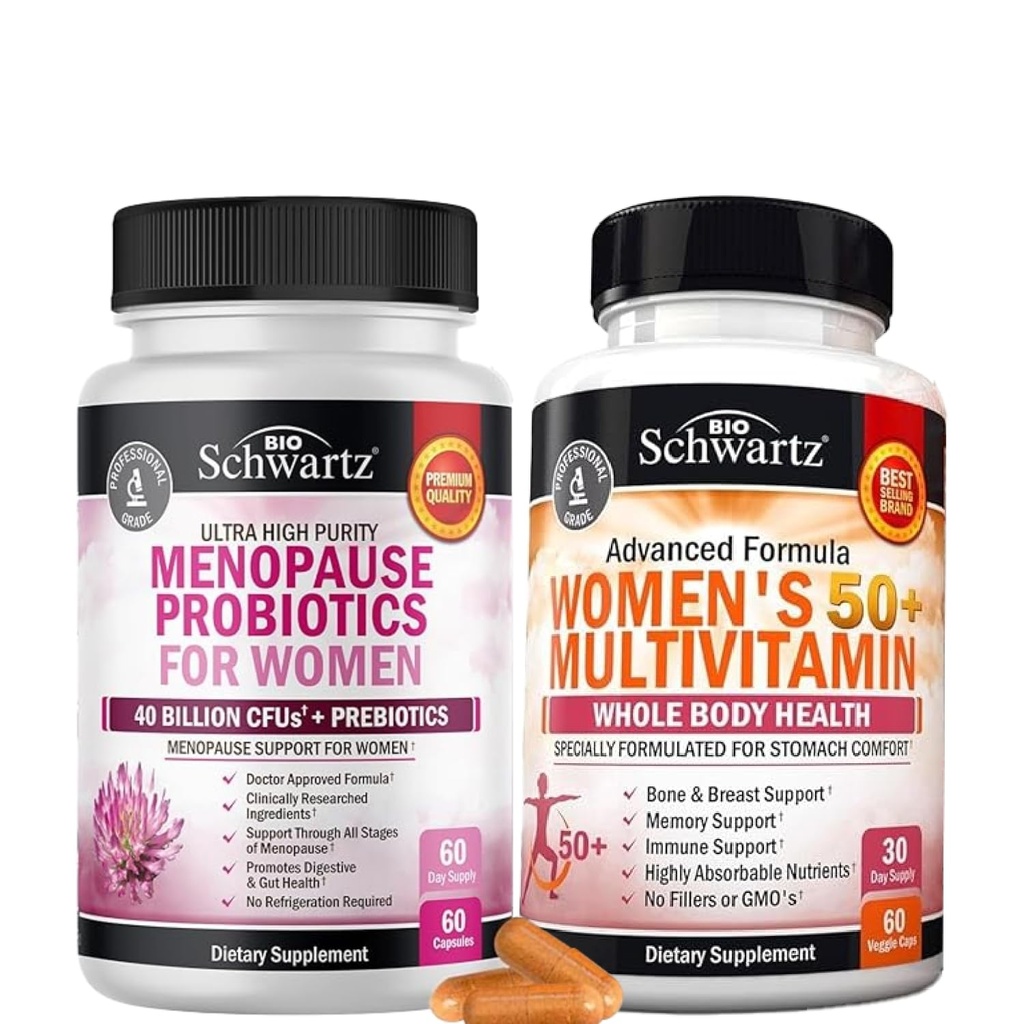 BioSchwartz Probiotic Menopause Supliment pentru femei (2 lună de aprovizionare) Plus Daily Multivitamine pentru femei 50 și peste (1 lună de aprovizionare)
