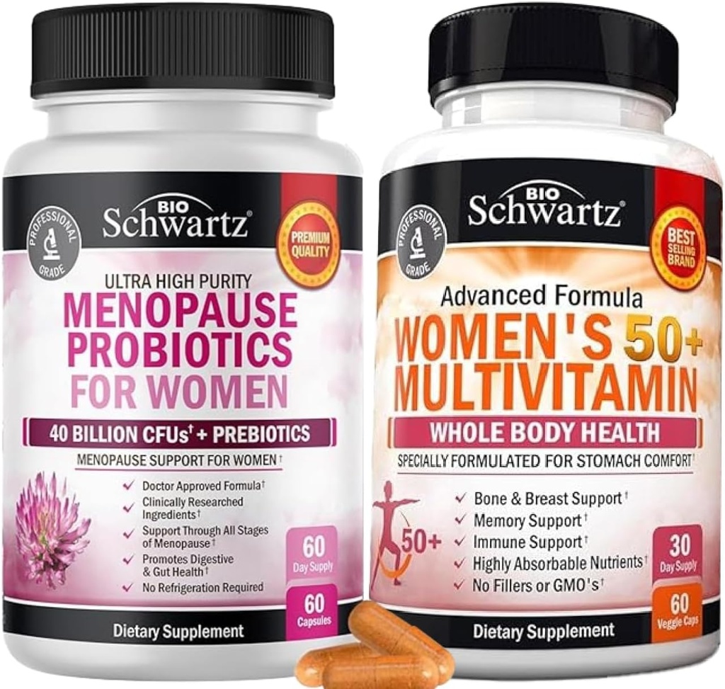 BioSchwartz Probiotic Menopause Supliment pentru femei (2 lună de aprovizionare) Plus Daily Multivitamine pentru femei 50 și peste (1 lună de aprovizionare)
