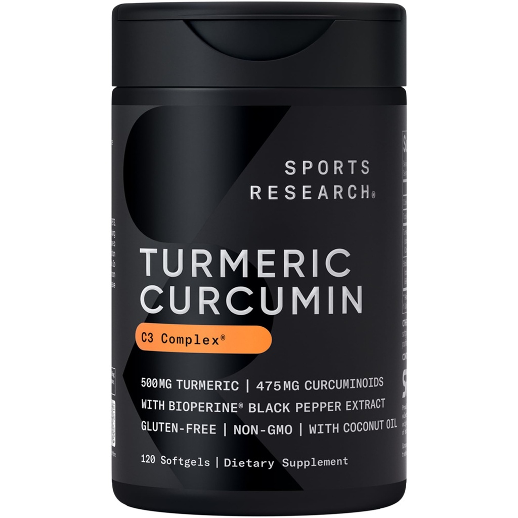 Sport de cercetare Curcumina Turmeric Complex C3 - Softgels cu Bioperine Black Pepper Extract & Organic Ulei de cocos, Standardizat 95% Curcuminoide - non-GMO Verificat & Gluten Free - 500mg, 120 Conte