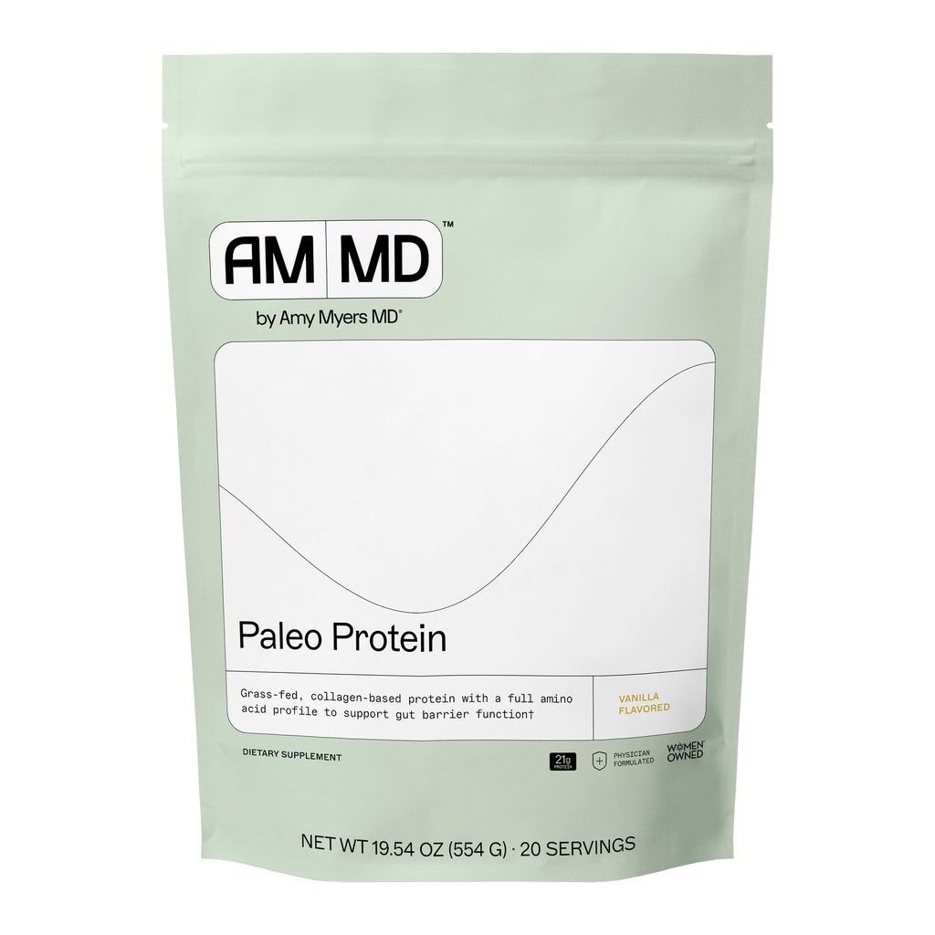 Amy Myers MD Pudră de proteine Paleo - cu colagen Peptides pentru sănătate gută - Sprijină păr, piele și unghii - non-GMO, gluten-Free, non-Dairy & More - Vanilla Bean - 19.54 oz (20 Serviri)