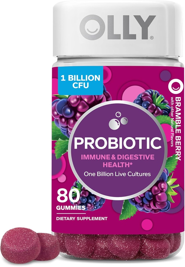 OLLY Probiotic Gummy, Imun și suport digestiv, 1 Miliarde de CFU, Chembable Probiotic Supliment, Berry, 40 de zile de aprovizionare - 80 Conte