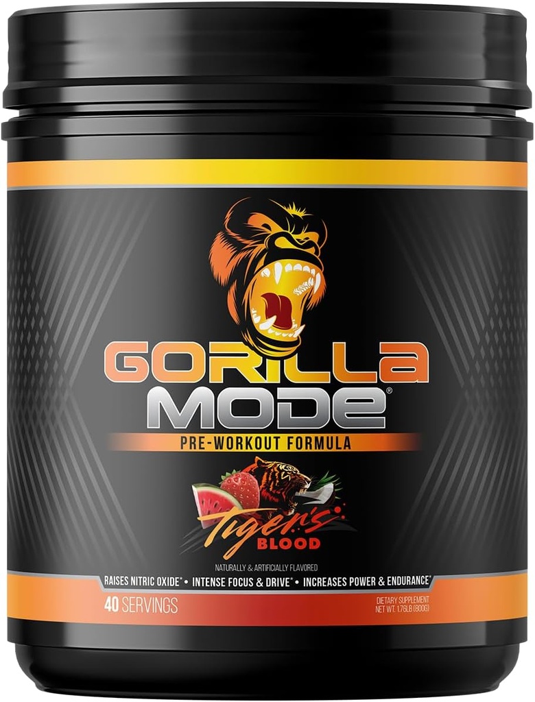 Gorilla Mind Pre Workout - Massive Pumps Laser Focus Energy Power - L-Citrulline, Creatine, L-Tyrosine, Betaine, Hydroprime, Alpha-GPC, 400mg Caffeine, Huperzine A - 800g (Tigers Blood)
