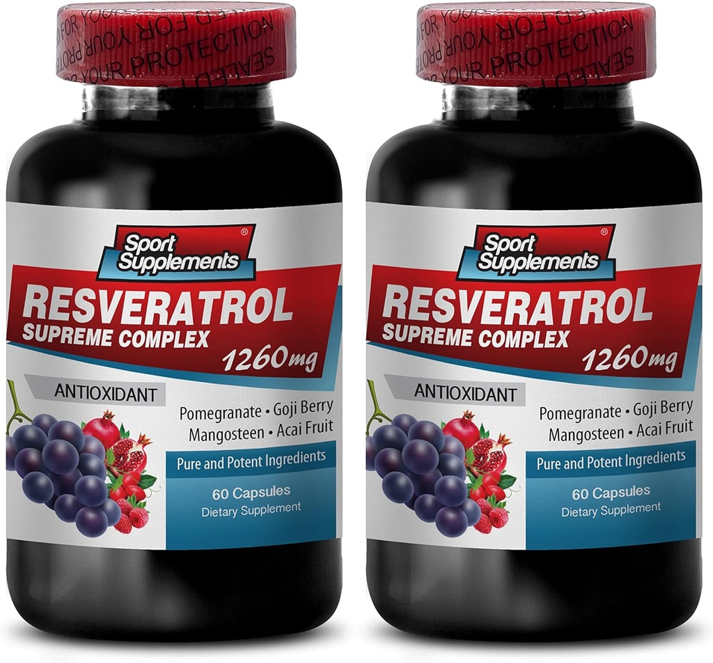 Resveratrol Supreme 1200mg Putere maximă Plus 1200 Suplimente de vin roșu, resveratrol Suplimentul de vin roșu, antioxidant resveratrol, extract de vin roșu cu resveratrol, roșu de struguri 2 sticle
