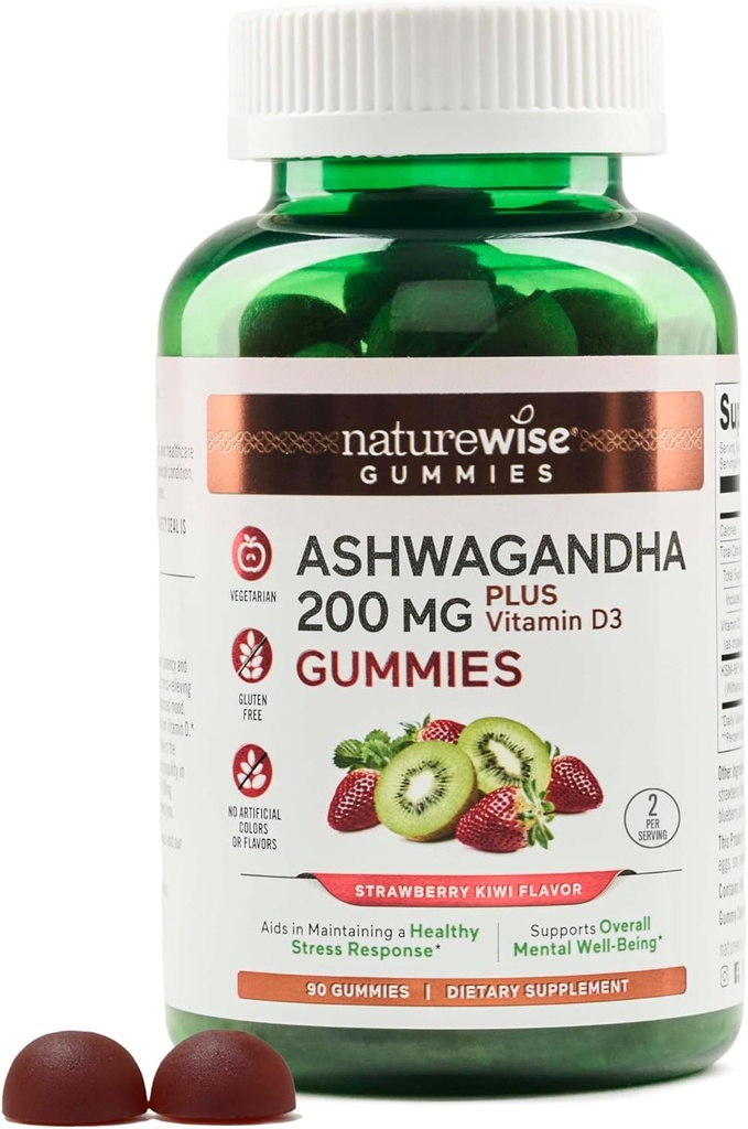 NatureWise Ashwagandha Gummies - Strawberry Kiwi - KSM-66 cu vitamina D3 - Calmant Mood Support - Vegetarian - Non-GMO, Gelatină și Gluten Free - 90 Conte[45-Day Support]