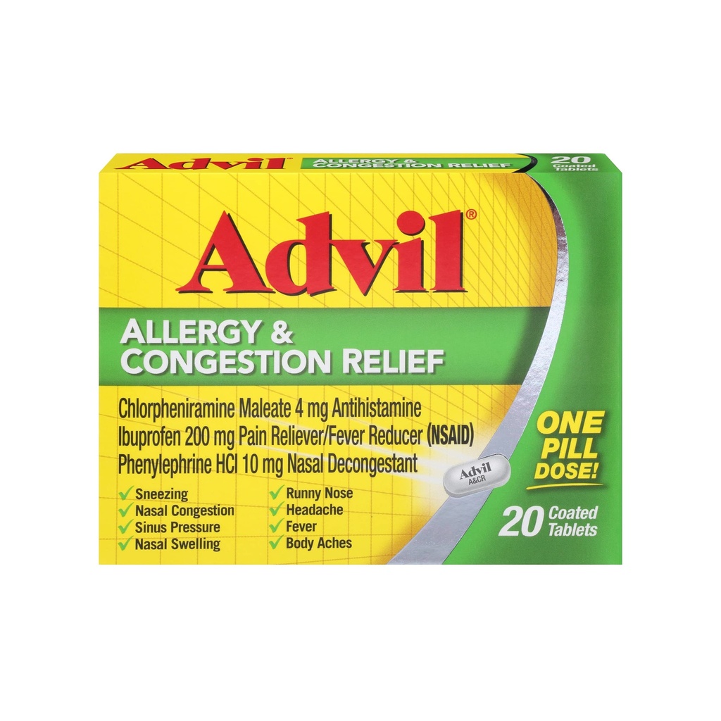 Advil Alergie şi congestie comprimate de relief, durere Reliever, Reductor de febră şi alergie Relief cu Ibuprofen, Fenilephrine HCl şi Chlorfeniramină Maleat 4 mg - 20 comprimate filmate