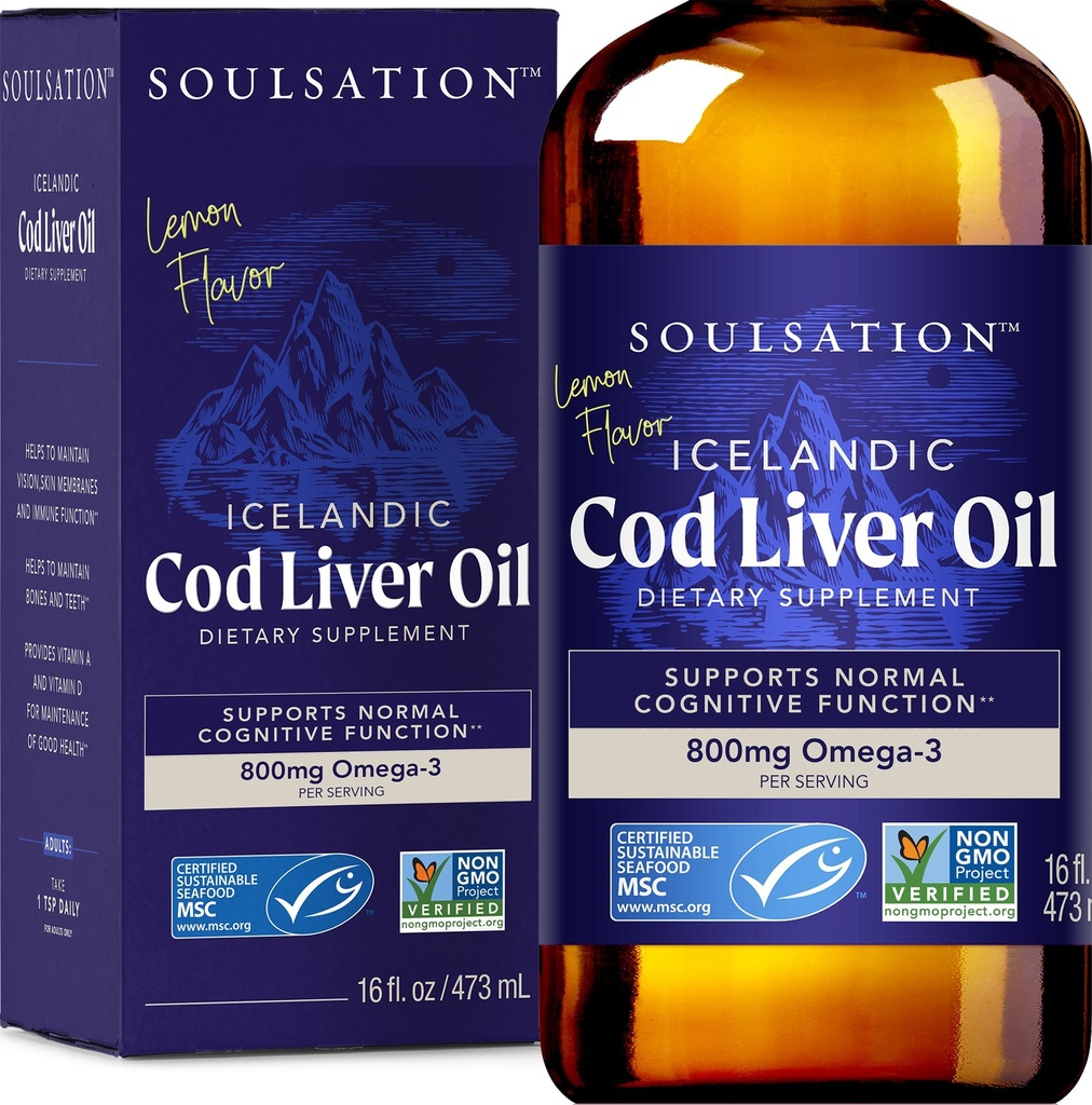 Liquid de ulei de ficat de cod islandez, Lemon (16oz) - Vitamine A & D, EPA & DHA - ajută Vision, Skin Membranes & Immune Function - MSC Certified, Non-GMO