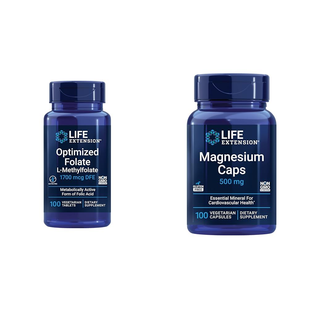 Extensie de viaţă Brain & Heart Health Folate and Magneziu Supplement Bundle, 100 comprimate şi 100 capsule