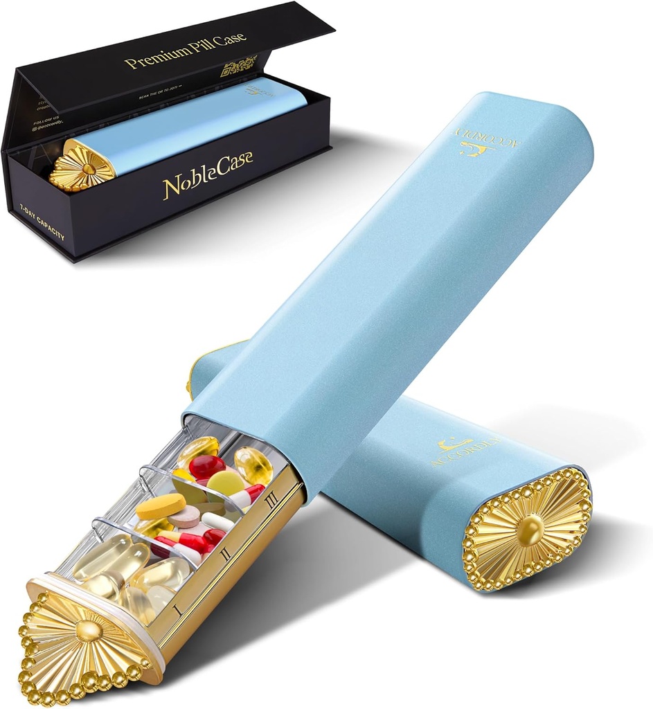 Premium Weekly Pill Organizator, 7-Day Compact Pilula Case pentru Purse, Lightweight Gold Aluminum Pilula pentru vitamine, Medicina, Suplimente, Cadou de wellness de lux