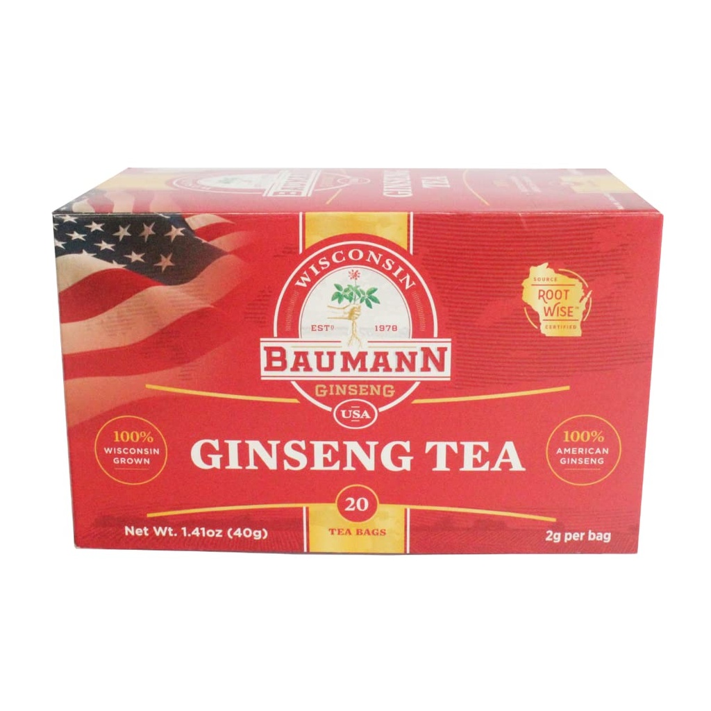Baumann Premium American Ginseng Tea Bags (20 pungi de ceai) - Autentic Panax Wisconsin Grown Panax Ginseng Ceai de plante - Ceai verde sănătos cu ginsenozide antioxidante pentru focus îmbunătățit și energie