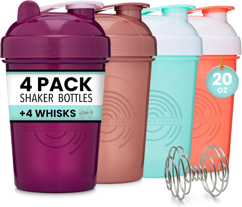 GOMOYO 4-Pack - 20 Ounce Shaker Bottle, Proteine Shaker Wire Whisk x4, Bulk Proteine Drink și Pre-Workout Shaker Cups, Seif și BPA gratuit