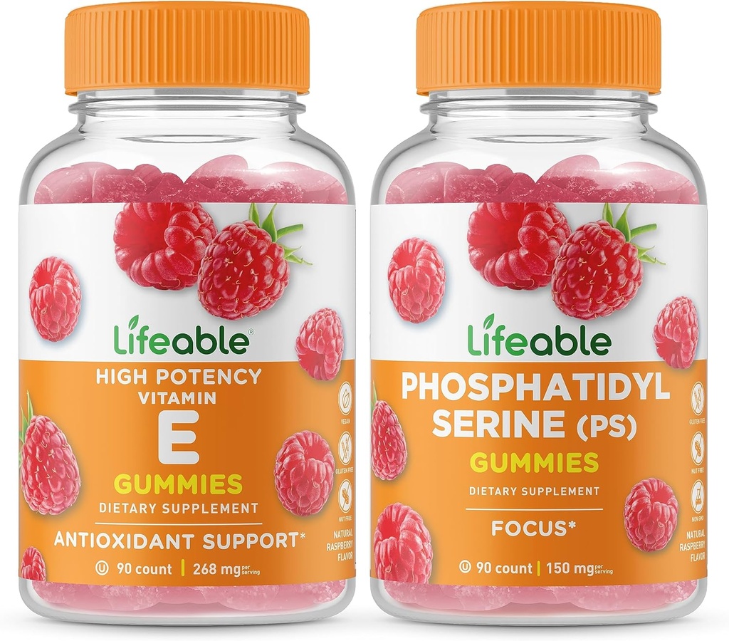 Vitamina viata E + Fosfatidilserină (PS), Gummie Bundle - mare Tasting, Supliment de vitamine, Gluten gratuit, OMG-uri gratuit, Gummy masticabil