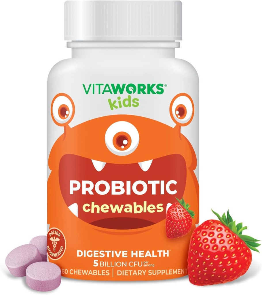 Copii Probiotic 5 Miliarde CFU Acidophilus Blend cu prebiotic Fibra tablete masticabile - Berry Flavor - Vegan - Nut gratuit - Supliment alimentar - Probiotice pentru sanatate digestiva - 60 Masticuri