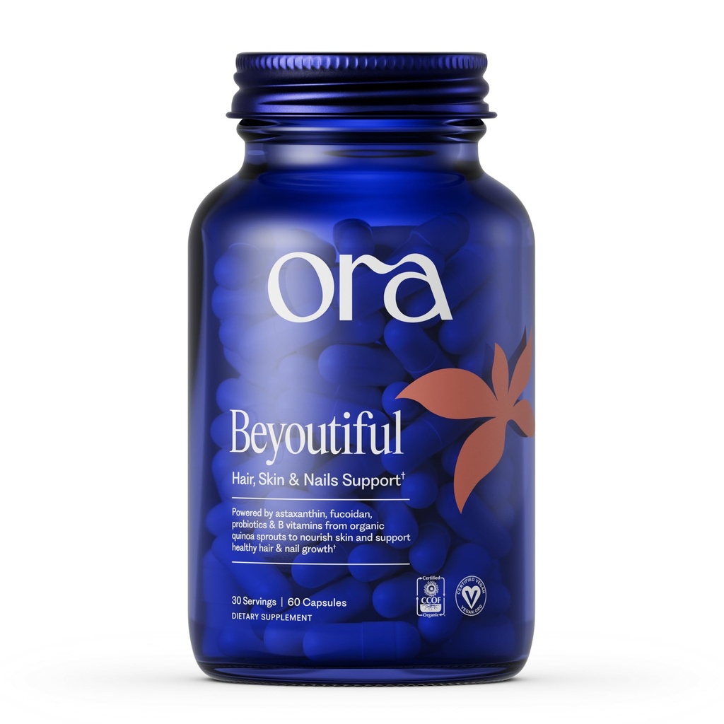 Ora Organic Hair, piele, și unghii suport- BeYouTiful - Beauty Supplement with B Vitamins and Algae Extras for Healthy Hair and Skin - 60 Vegan Capsule