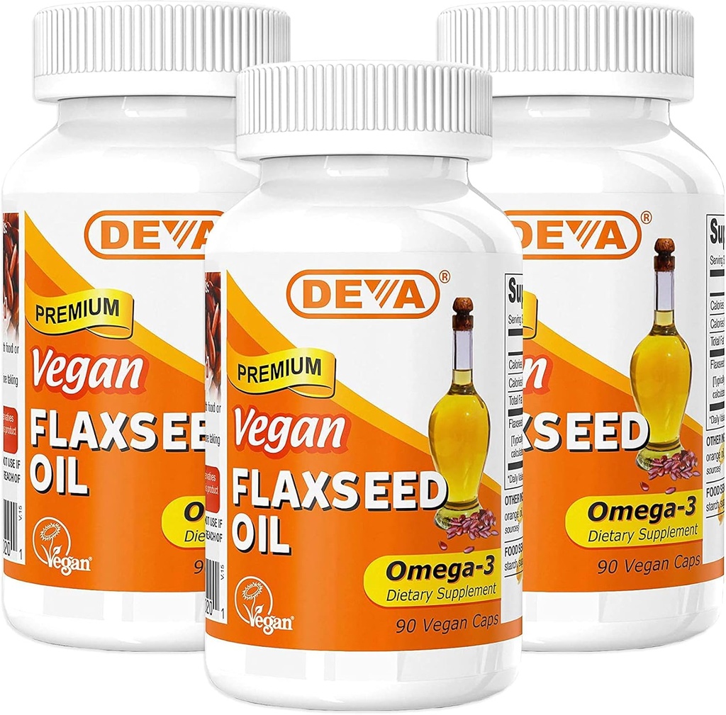 DEVA Organic Vegan Vitamine ulei de semințe de in - bogat în Omega-3, rece-Presat și nerafinat - 90 capsule (pachet de 3)