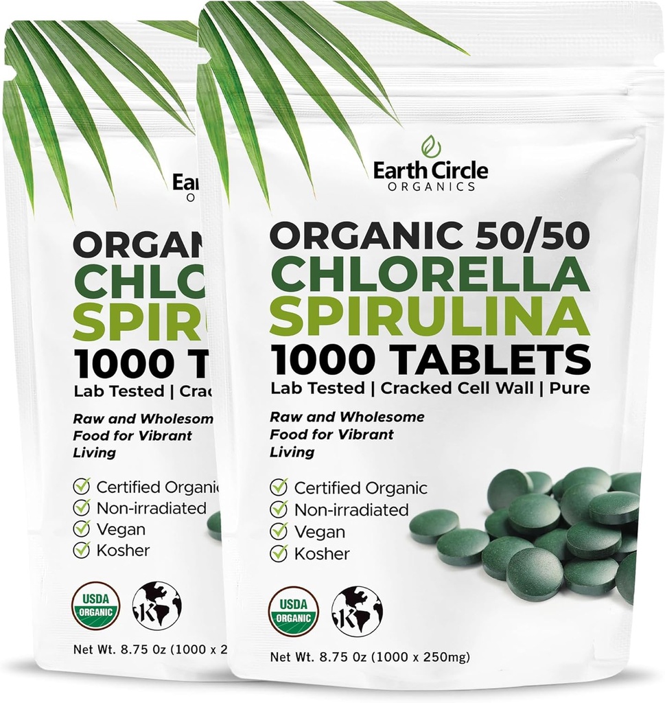 Premium Organic CHLORELLA / SPIRULINA 1000 comprimate (50/50) Kosher, Vegan - Green Algae Superfood, Cracked Cell Wall, Clorofill, High in Proteine & Iron, fara aditivi, sau umpleri 8.75 Oz (2 ambalaj)