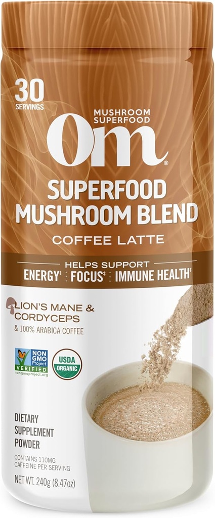 OM MUSHROOM SUPERFOOD Cafea Latte Blend Mushroom Powder, 8.47 Ounce Canister, 30 Serviri, Lion's Mane, Cordyceps, Reishi, Chaga, Energy & Mental Clarity Support Supplement