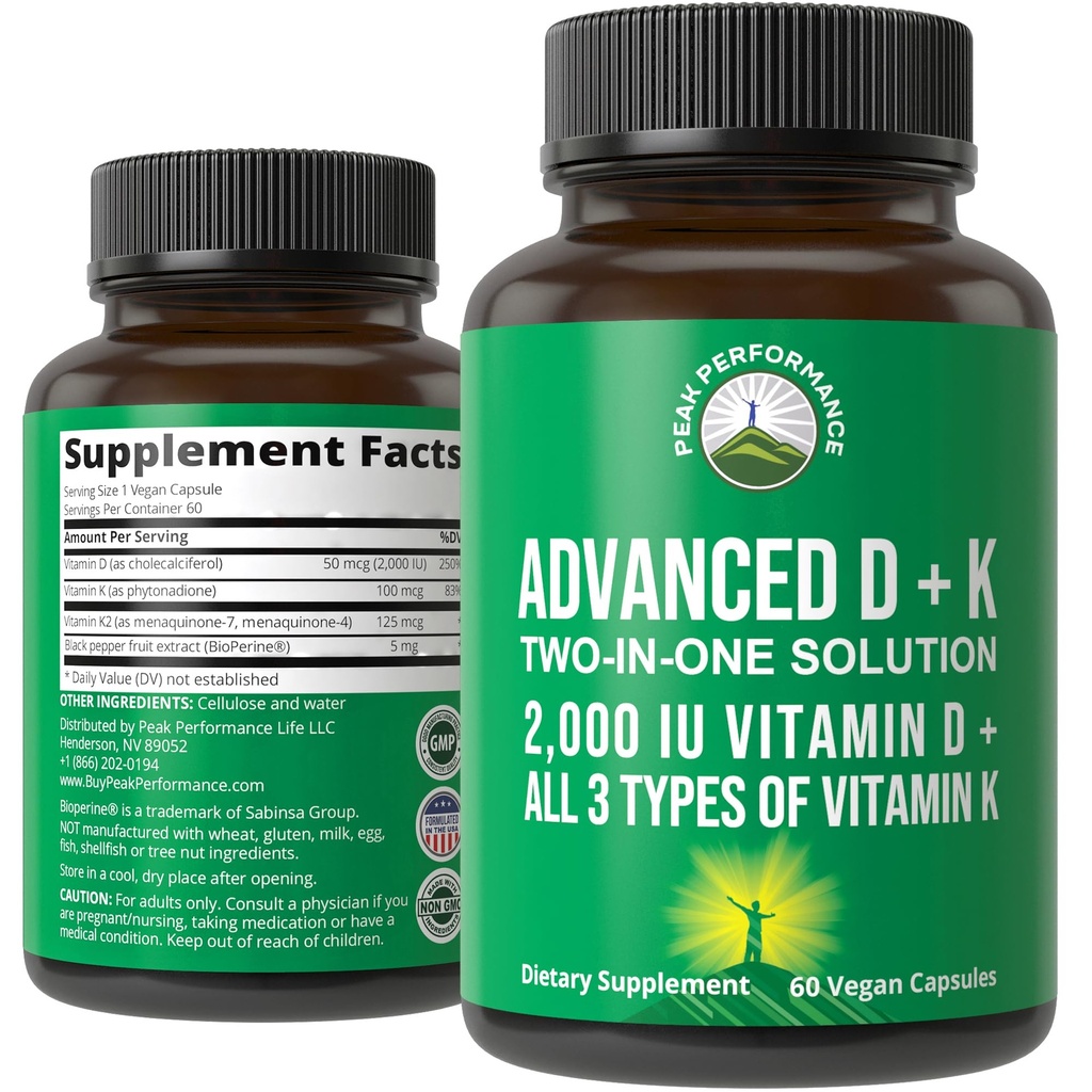 Performanţa maximă Advanced Vitamina D 2000 UI cu toate cele 3 tipuri de vitamina K Vitamina D3 şi vitamina K2, K1, MK-7 (MK7), Suplimente MK4. Pastile vegetale mici şi uşor de înghiţit (2000 UI)