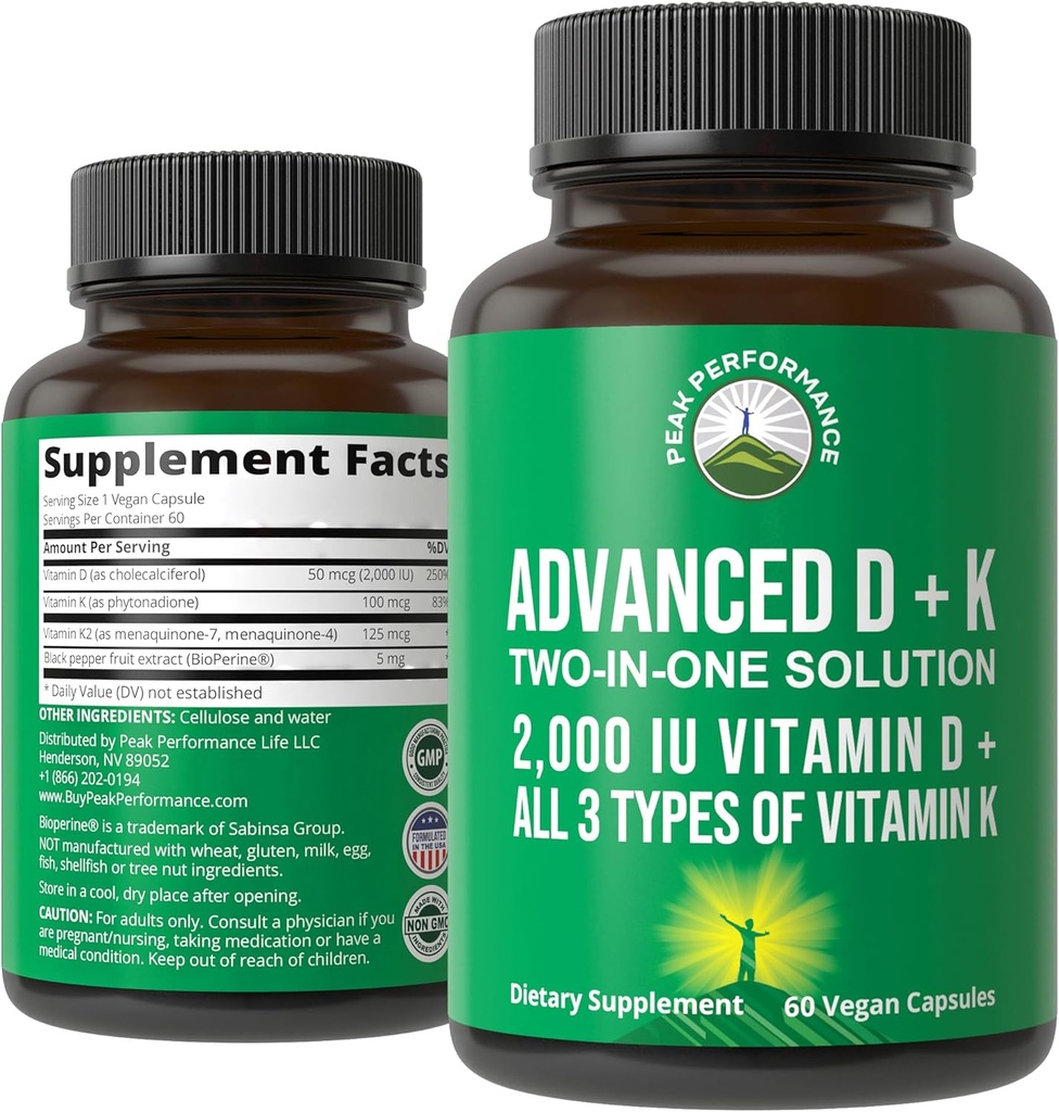 Performanţa maximă Advanced Vitamina D 2000 UI cu toate cele 3 tipuri de vitamina K Vitamina D3 şi vitamina K2, K1, MK-7 (MK7), Suplimente MK4. Pastile vegetale mici şi uşor de înghiţit (2000 UI)