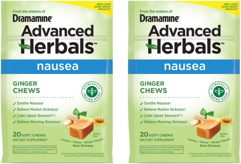 Dramamine Ginger Chews, Helps with Nausea, Lemon Honey Ginger Flavor, 20 Soft Chews (Pack of 2)