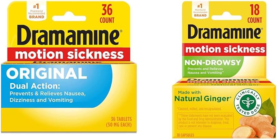 Dramamina Original, Motion Sickness Relief, 36 Count & Non-Drowsy, Motion Sickness Relief, Made with Natural Ginger, 18 Count