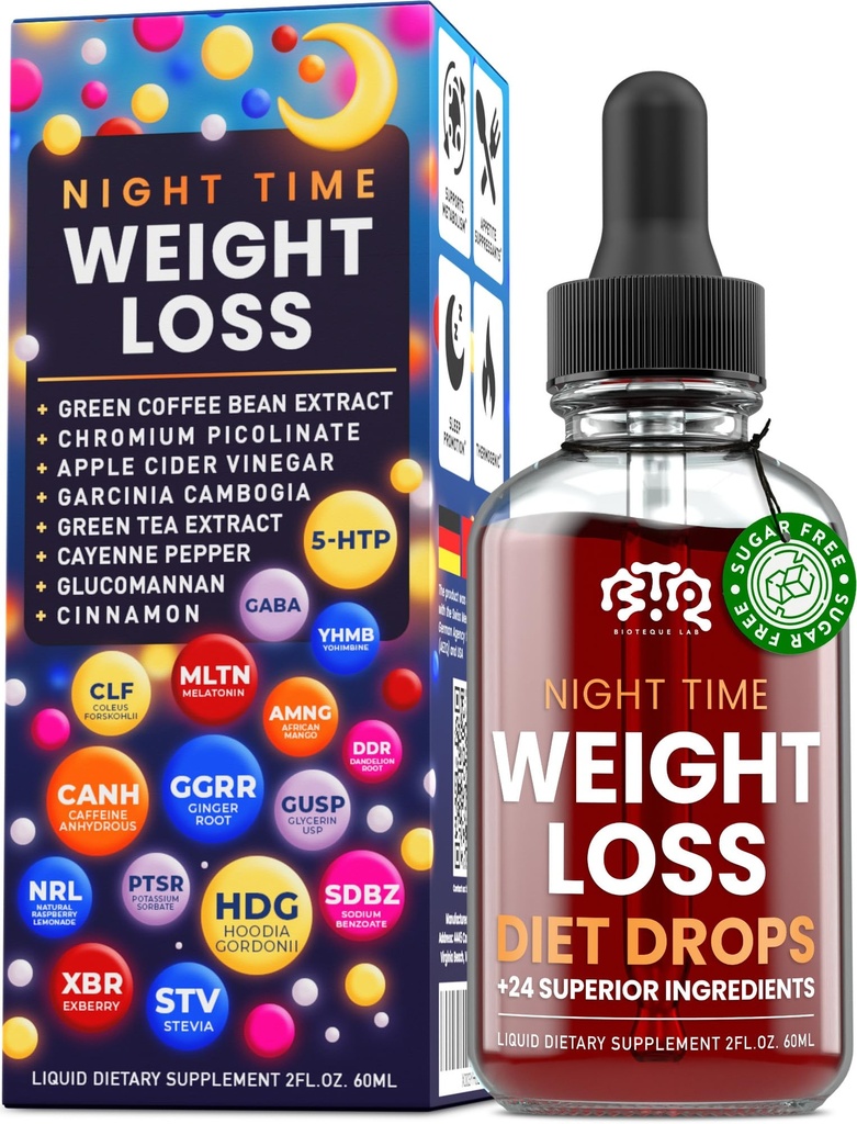 Timp de noapte pierdere în greutate Dieta picături - Apetit de control, Fat Burner, Booster metabolic - Cidru de mere Oțet - Scorțișoară - ardei iute