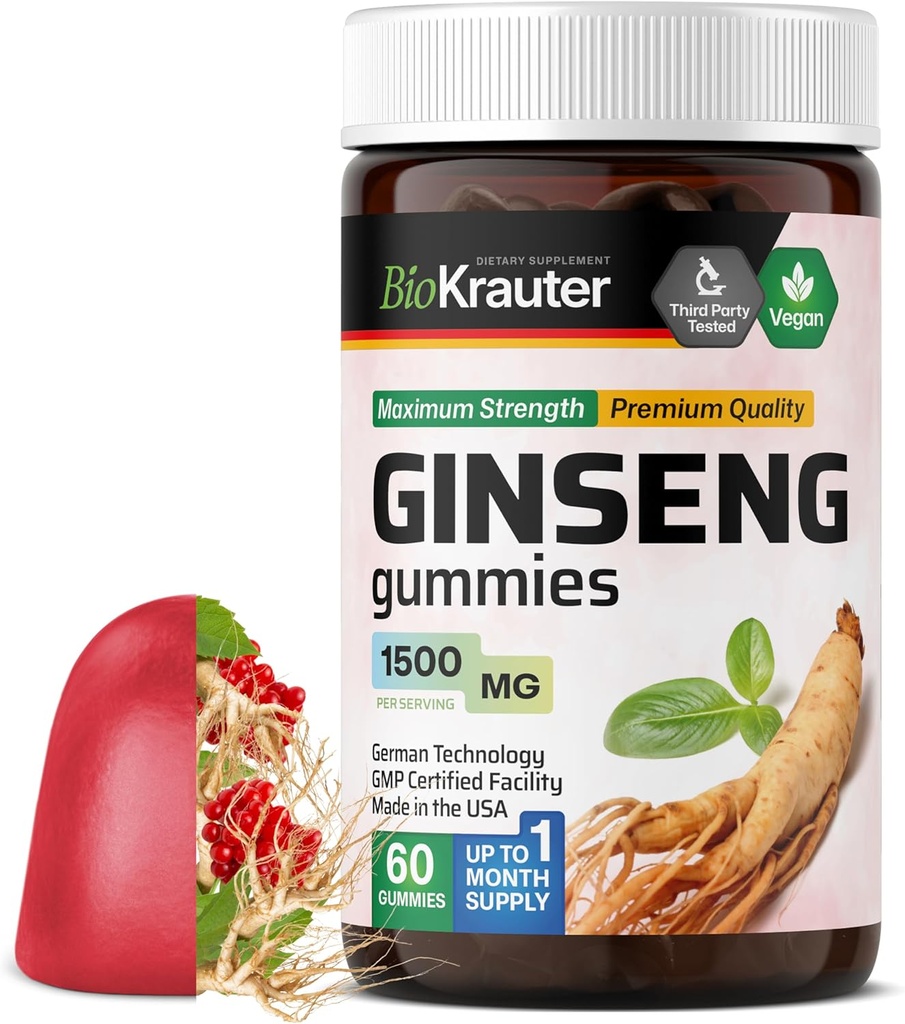 BIO KRAUTER Panax Ginseng Gummies - 1500 mg Putere - 60 Conte - Chemable Red Ginseng Supliment - Suport imun Gumies - Vegan, Pectin-Based, Non-GMO
