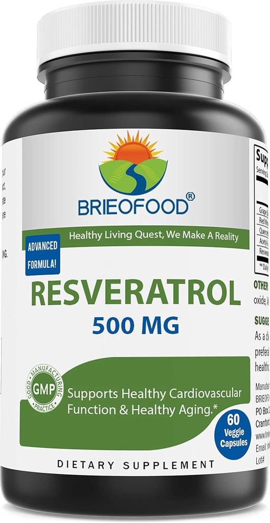 Brieofood Resveratrol 500mg - Supliment antioxidant natural pentru sanatatea sistemului cardiovascular si imun - 60 Capsule vegetale