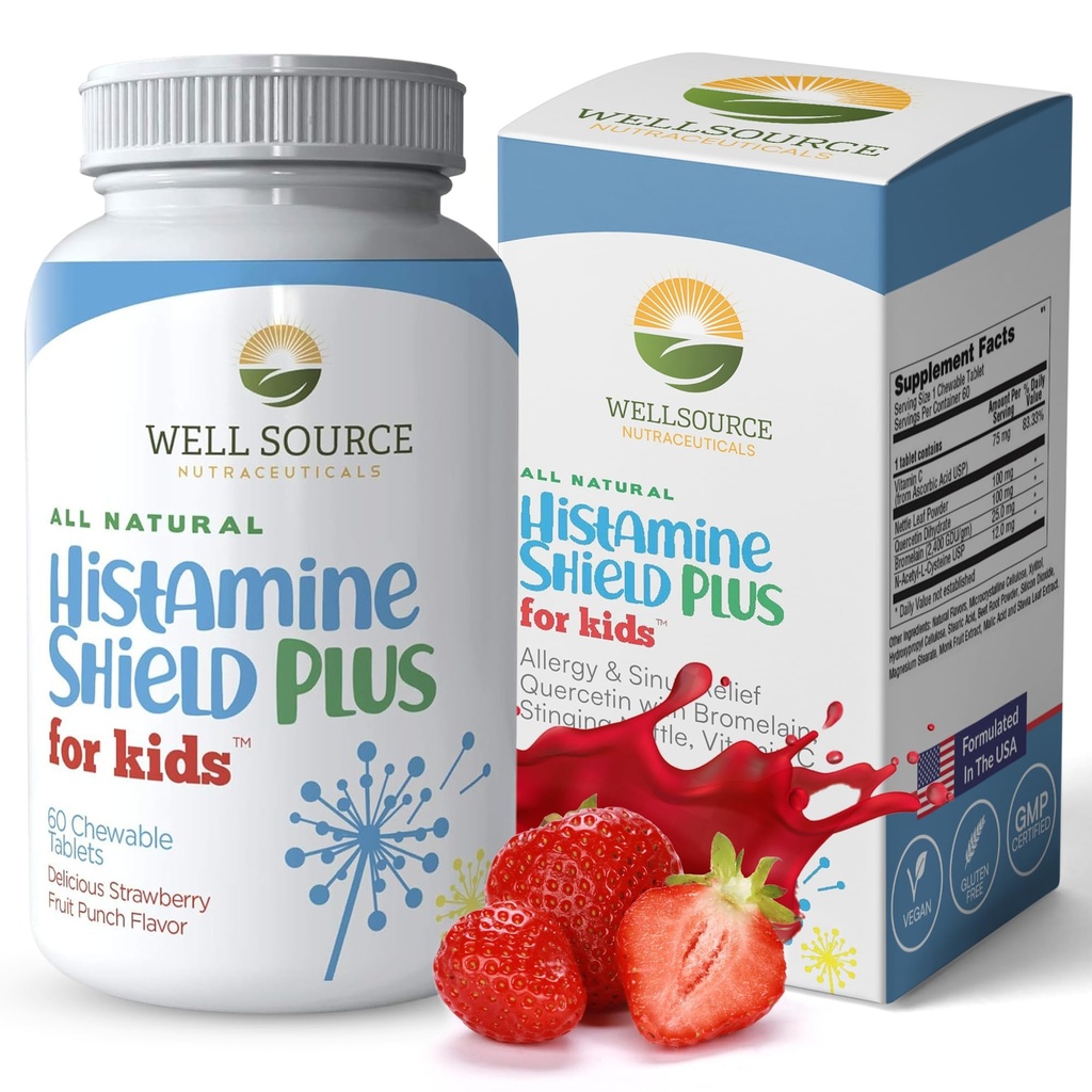 Suplimentul natural antihistaminic, Medicina de alergie pentru copii, Sinus & Alergii Ajutor pentru Polen, Dander animale de companie, praf, mucegai, și Odori, 60 Căpșuni fructe Punch Tablete masticabile