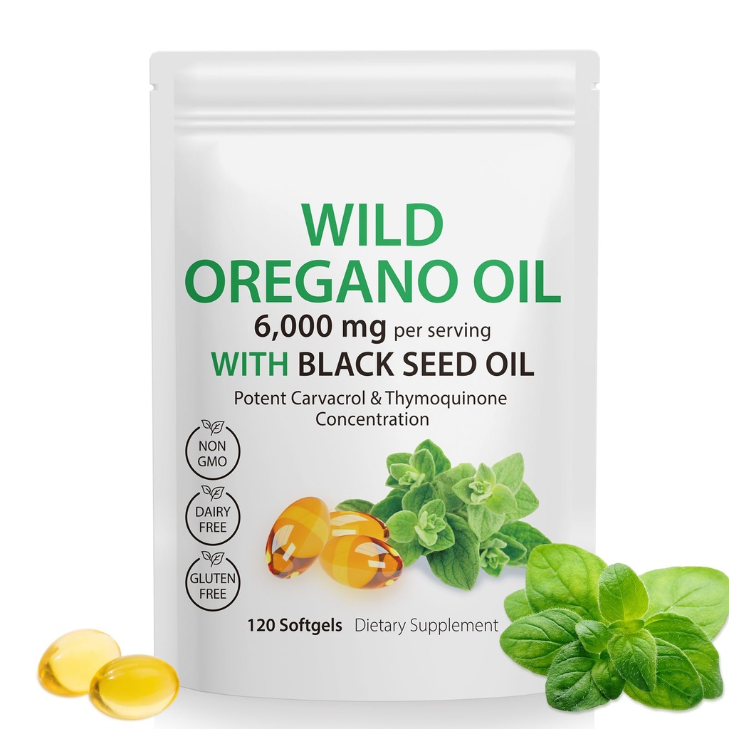 Ulei de Oregano Softgels, Capsule de ulei Oregano Organic,2-in-1 6000mg Ulei de Oregano cu ulei de semințe negru 200mg,Oregano Ulei cu Black Seed Oil Softgels,120 capsule Softgel