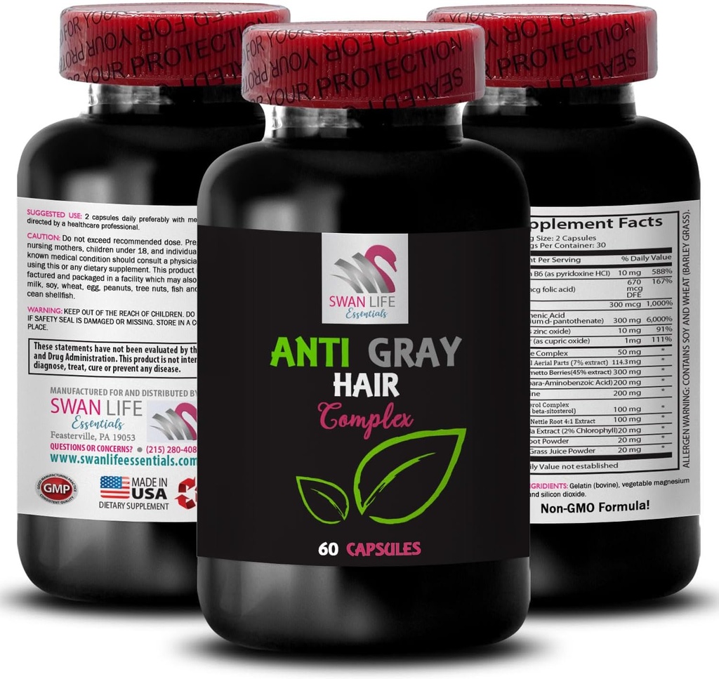 Anti pilule de păr gri - ANTI GAY HAIR COMPLEX - Vitalitate de culoare, Gri de îngrijire a părului, Ton proaspat, Vibrant culoare, supliment de păr gri anti, Controlul umbra părului, aspect tânăr 1 flacon 60 capsule