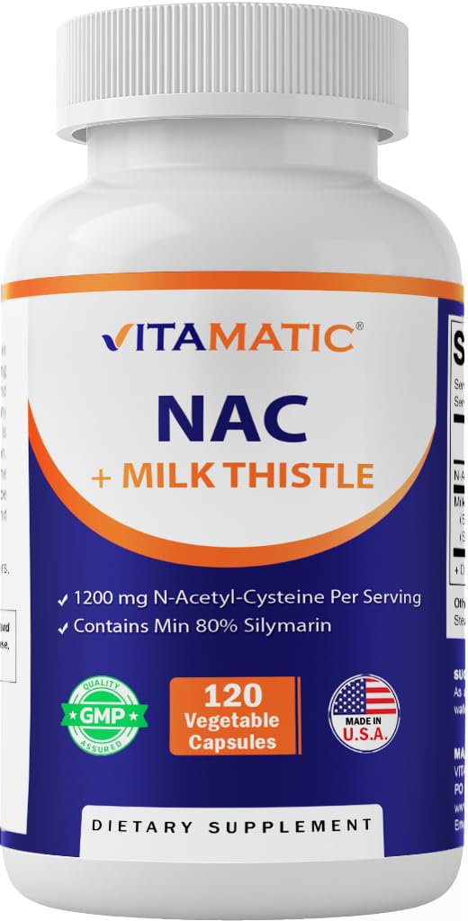 Vitamatic NAC Supliment N-Acetyl-L-Cysteine (NAC) cu lapte Thistle 50:1 Extract - Suporturi Imune, Respirator, Sănătatea Ficatului, 1200 mg per Serving, 120 Veg Capsule