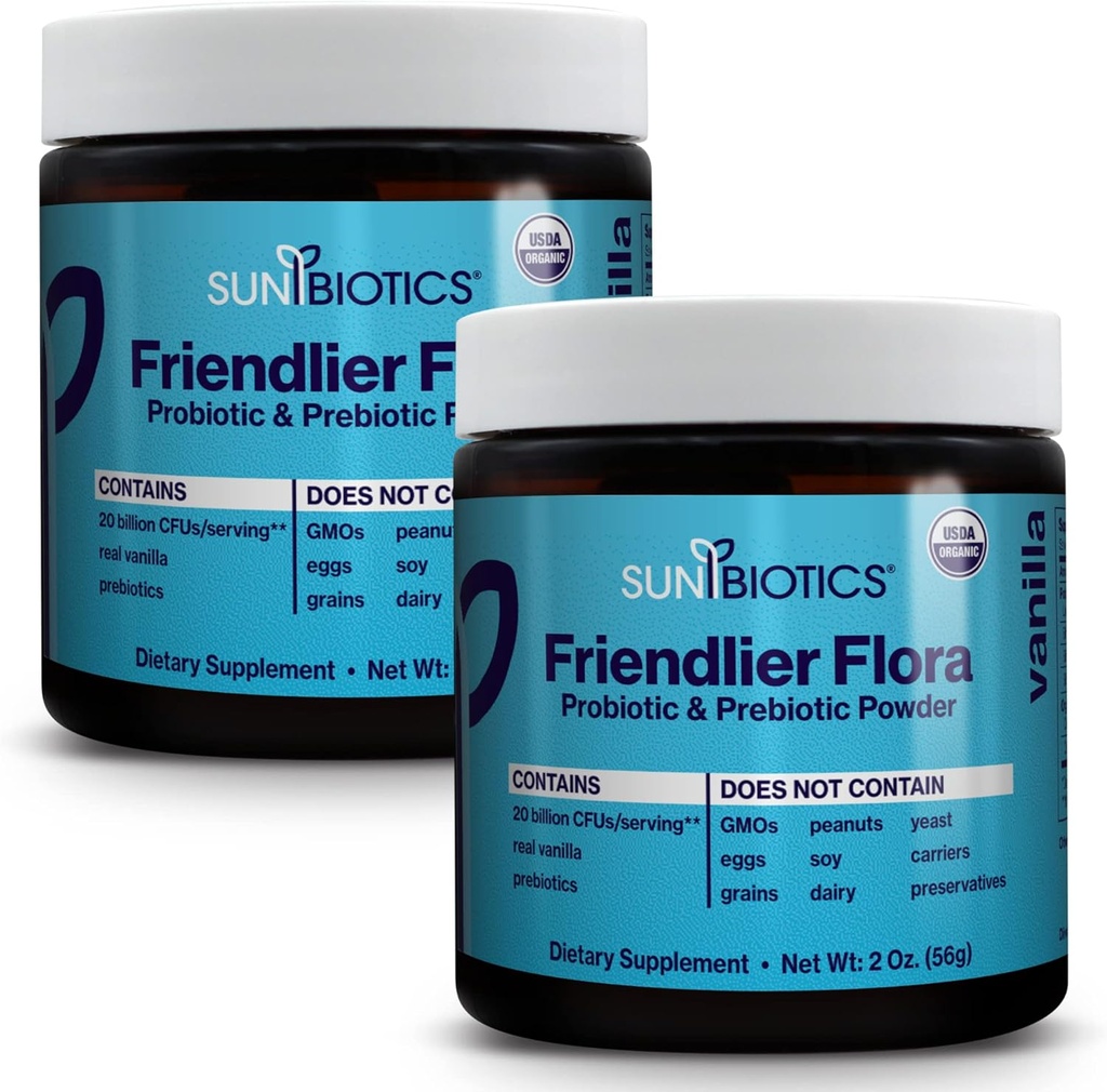 SUNBIOTICS Friendlier Flora - Prebiotic si Probiotic pulbere pentru femei si barbati cu 20 miliarde CFU de 4 tulpini probiotice pentru bine gust Flora, sistem imunitar si echilibrat Microbiom - Vanilie, (Pachet de 2)