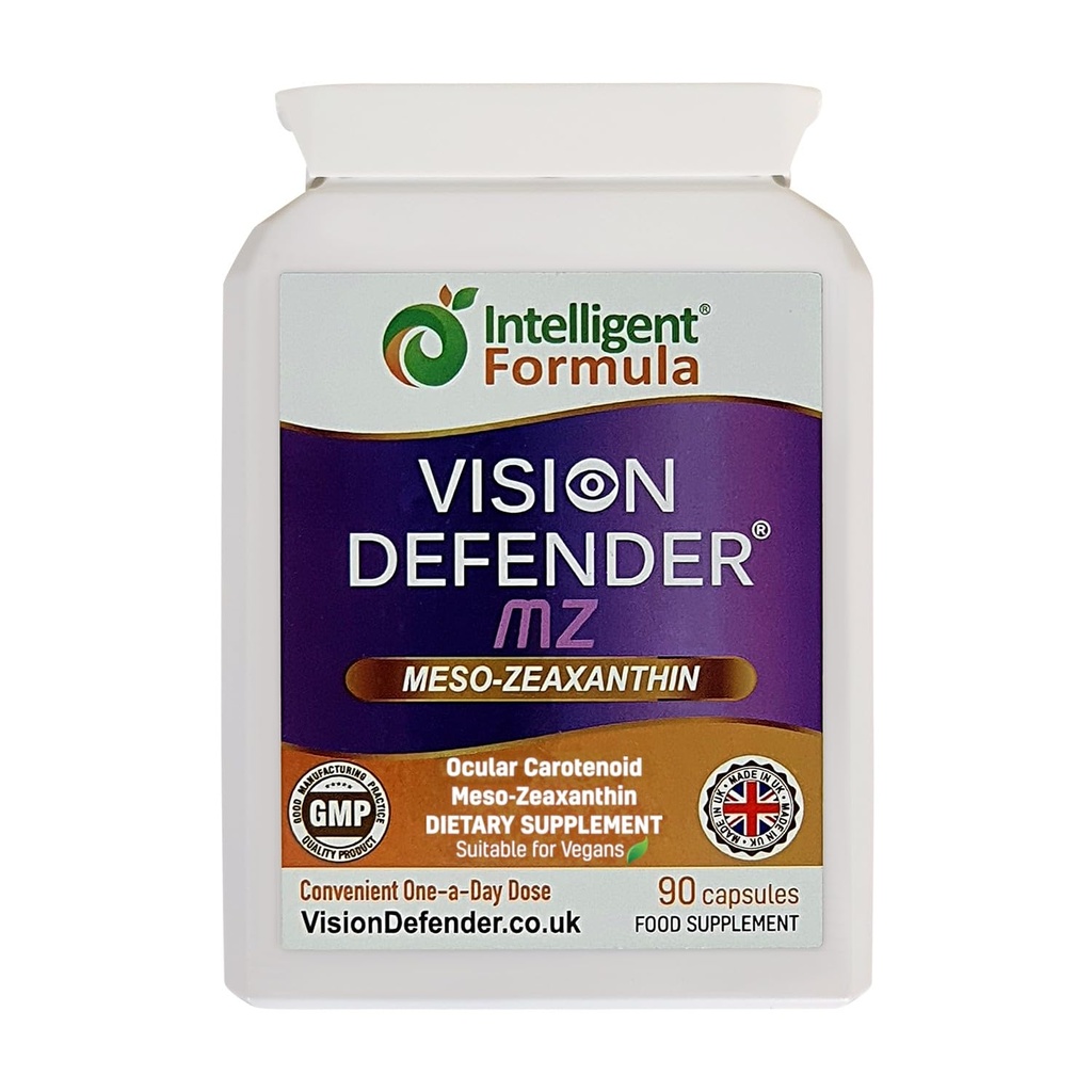 Vision Defender Meso Zeaxanthin Vegan Eye Supplement MZ- Protejează şi îmbunătăţeşte sănătatea oculară şi îngrijirea ochilor, Putere mare Antioxidant Carotenoid Meso-Zeaxantina pentru ochi (90 Capsule/One Daily) Made in UK